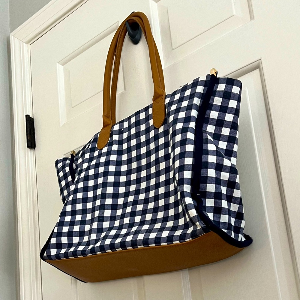 Stylish Checkered Navy & White Tote Bag with Tan Accents